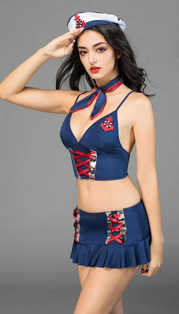 Sexy Sailor Lace Up Costume with Neck Tie - Image 2