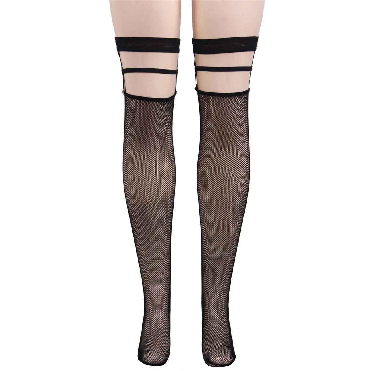 Black Fishnet Harness Thigh Highs - One Size Fits Most - Image 2