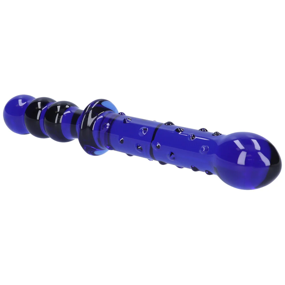 Blue Textured Dual-Ended Glass Dildo - Image 2