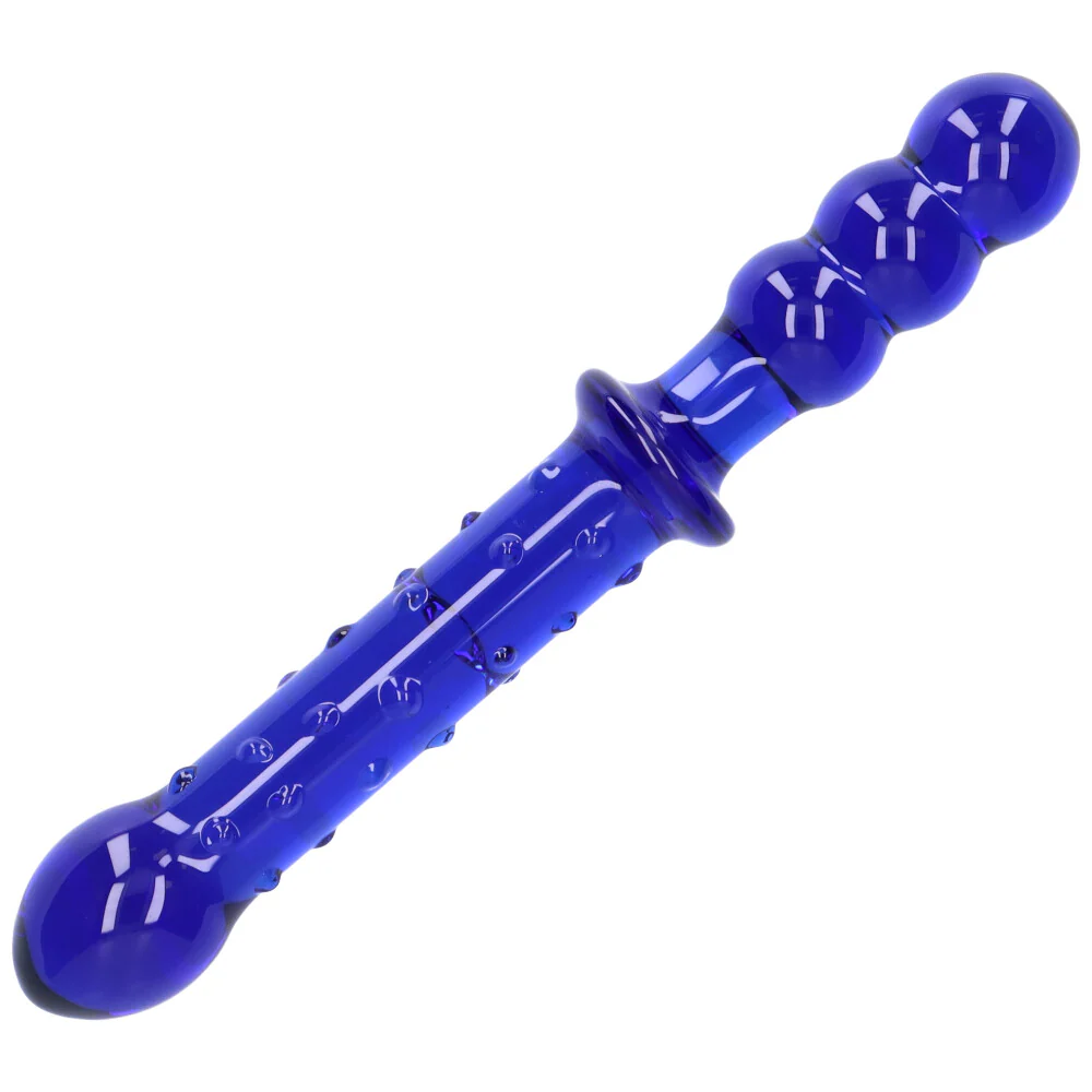 Blue Textured Dual-Ended Glass Dildo - Image 5