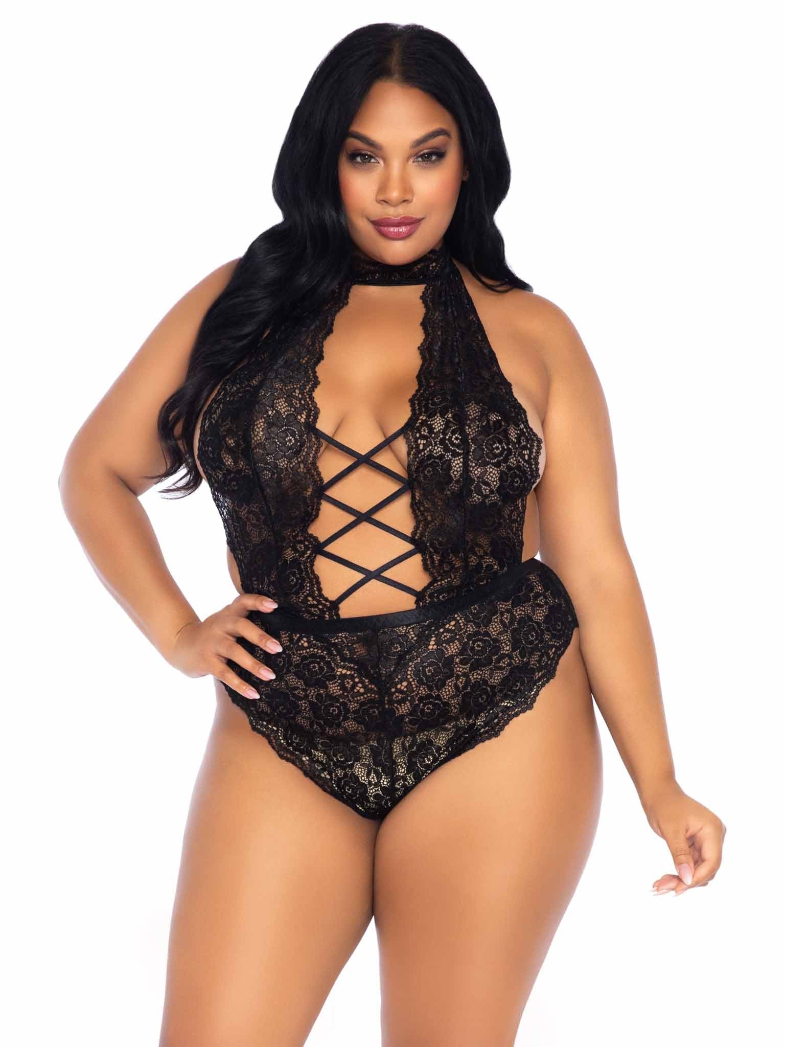 High Neck Floral Lace Crotchless Teddy - Image 3