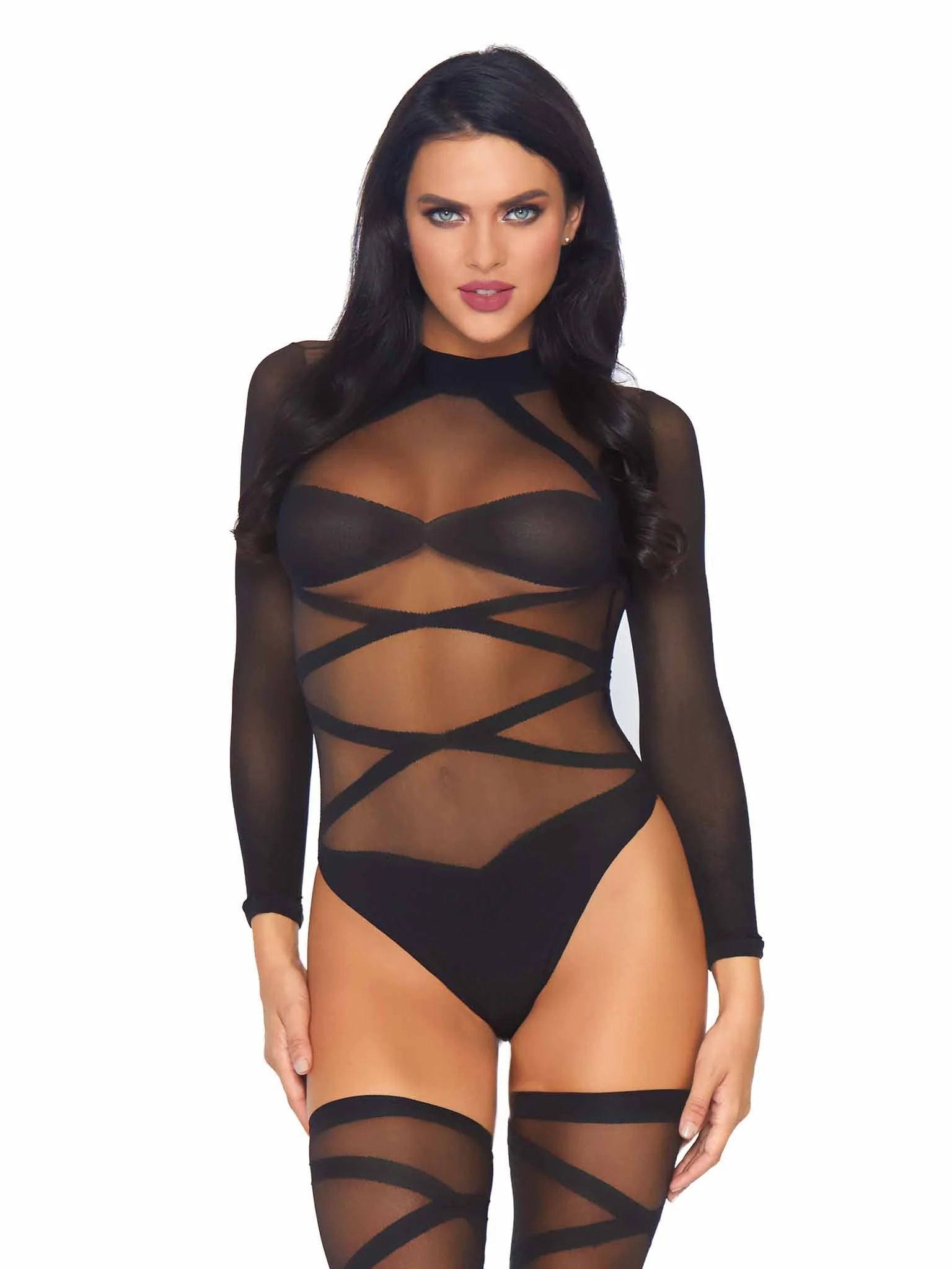 Sheer Criss Cross Teddy and Matching Thigh High Set - Image 3